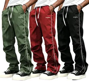 Men's 3-Pack Casual Joggers - Lightweight Poly Moisture-Wicking Aesthetic Contemporary Sleek Effortless Colorblock Pants, Gold Side Stripes, Loose Straight Baggy Wide Leg, Embroidered, All-Season, Black/Grey & More Colors, for Street Style, Workout, Aesth