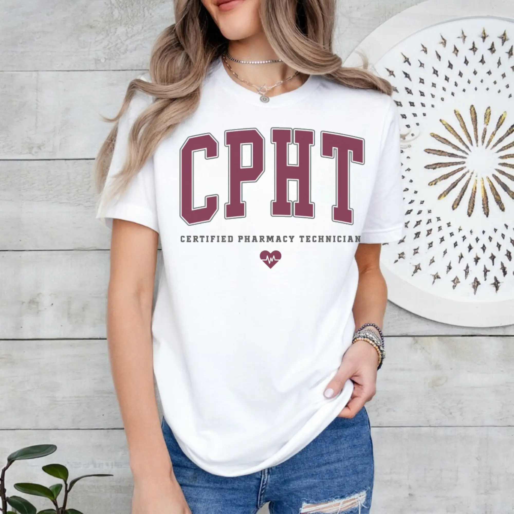 Women's Soft Classic CPHT Round Neck Cotton Graphic T-Shirt - Breathable Ribbed Fabric, Drawstring Pullover, Short Sleeve, Pocket, Fitted Athletic Fit, Certified Pharmacy Technician, Valentine's Day, Everyday Easy-Matching Casual Apparel