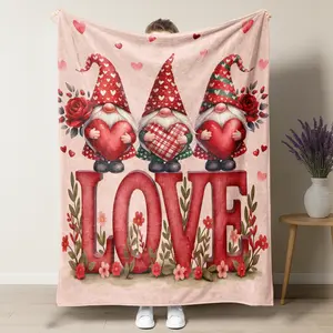 Three Gnomes With "LOVE" Letter Valentine's Day Graphic Throw Blanket,Romantic Gifts for Her,Pink Floral Valentine's Decor Blankets Flannel Throws for Bed Couch