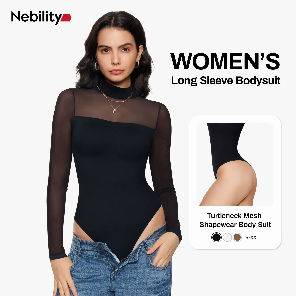 Nebility Women's Turtle Neck Long Sleeve Mesh Shapewear Bodysuit - Soft, Stretchable, Breathable, Warm 1-Piece Leotard Fall Outfit Base Layer