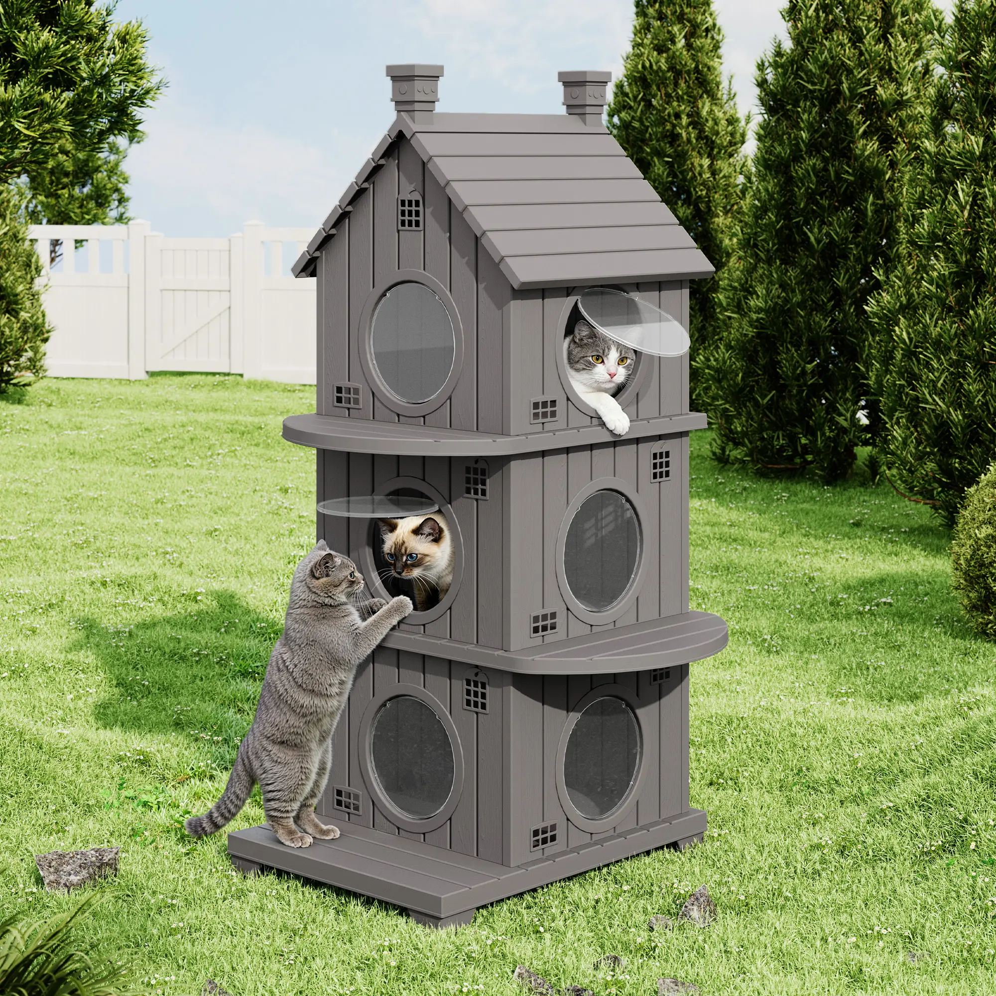 Waterproof Resin Cat House for Indoor & Outdoor Use, Stackable Design with Slanted Roof, Raised Base & Dual Entry,Summervibes