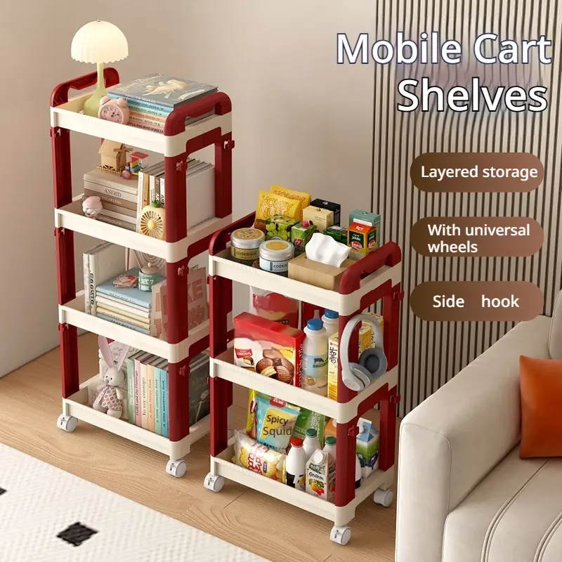 4-Layer Lightweight Plastic Storage Cart Organizer with Universal Wheels, Adjustable Shelf, Side Hooks, Expandable Space-Saving Design, 10 - 15 Kg Load Capacity, Utensils Holder for Kitchen, Home Office Racks