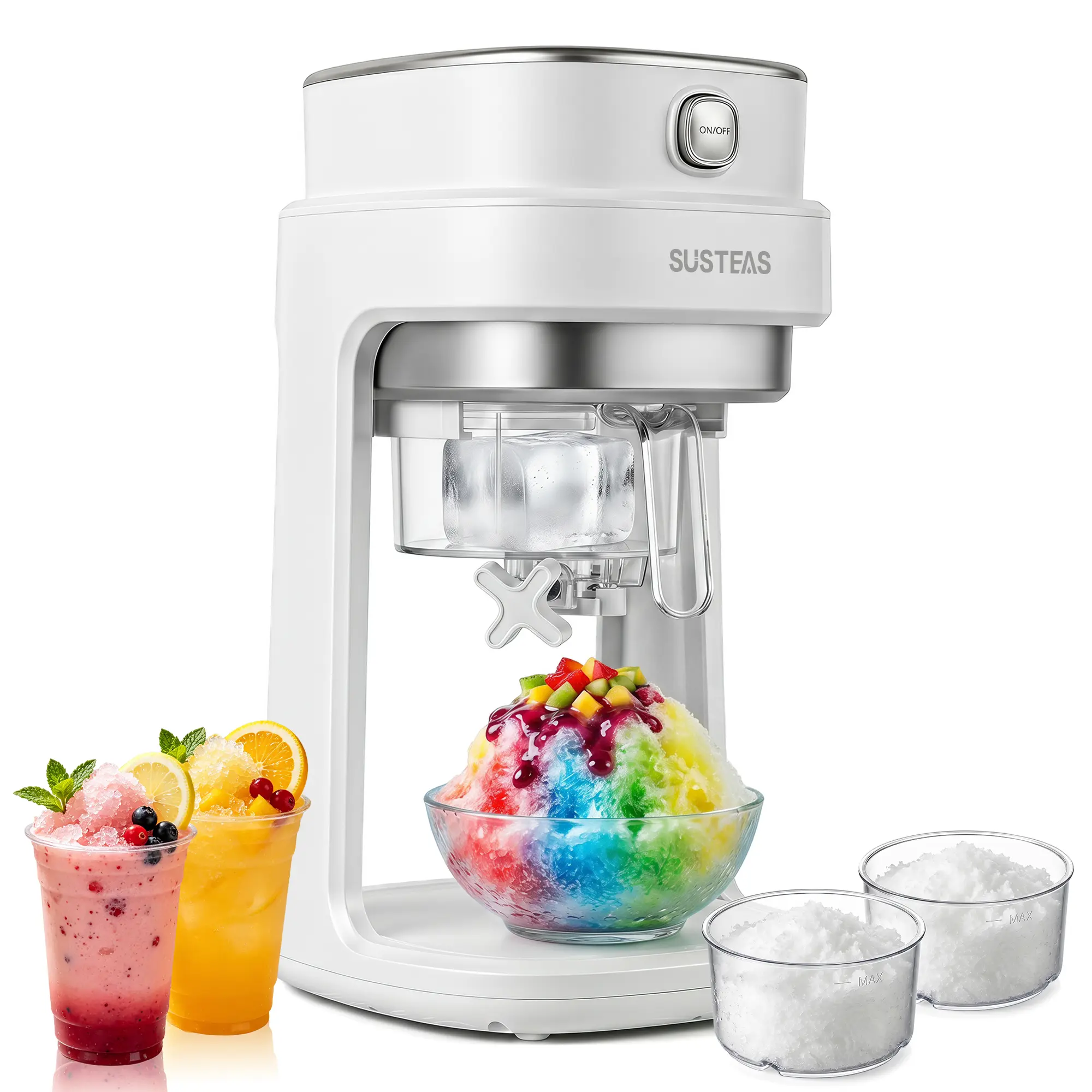 SUSTEAS Electric Ice Crusher - 3-in-1 Adjustable Thickness (Snow/Slush/Crushed Ice) | Fast 250g/min Output | Easy Push-Button Design