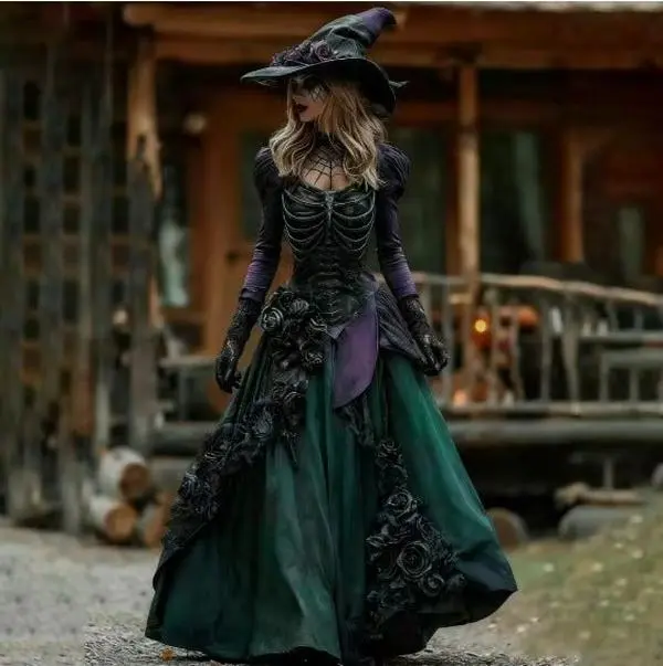 Gothic Witch Dress — Skeleton Bodice Halloween Costume, American Style Asian Check