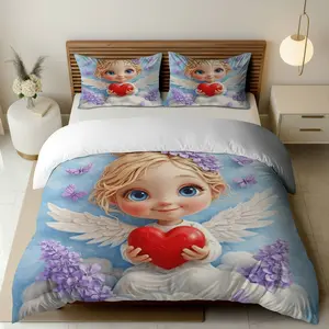 3PCS Duvet Cover Set, 1 Duvet+2 Pillowcases(Without filler), Angel Butterfly Heart Cloud Lilac theme, Christmas bedding set, cozy decorative Suitable for decoration Bedroom, Guest room, Hotel, Studio.