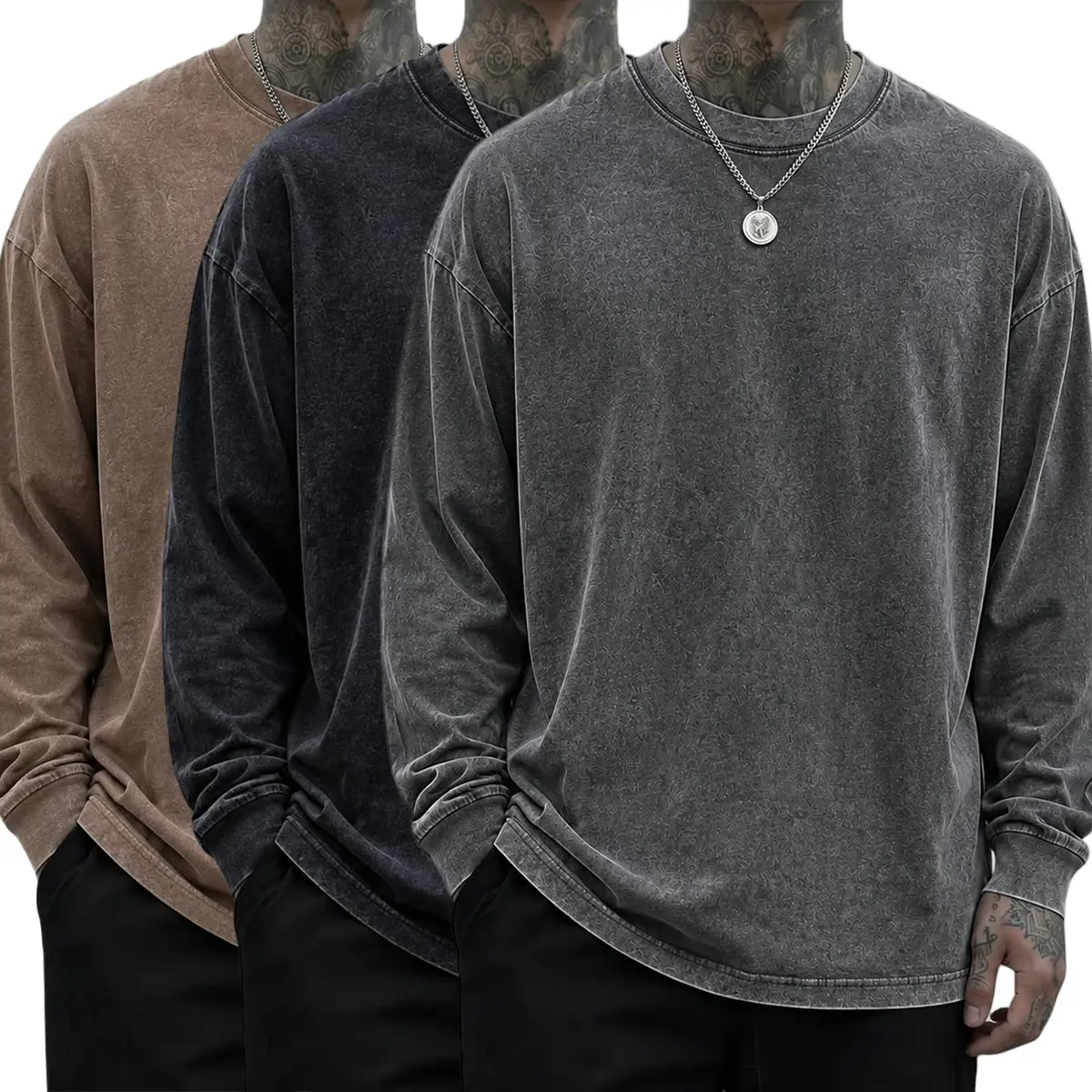1/3-pack American washed vintage long-sleeve T-shirts with a stone-grind effect and snowflake print, drop-shoulder loose fit, crew neck, available in multiple colors, unisex layering base layers