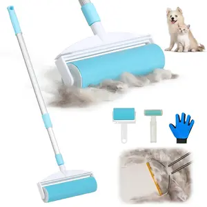 5-in-1 Pet Hair Remover Kit, Washable & Reusable Gel Lint Roller with 40.5" Extendable Handle, Cat Dog Hair Removal Tool, Carpet Rake & Grooming Gloves for Pets, Couch, Furniture, Clothes
