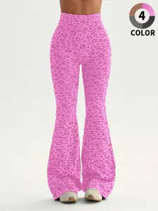 Women's Leopard Print Sport Pants, Spring Summer Micro Flare Yoga Bell Bottoms, Fashion Comfortable Breathable High Waist Workout Wide Leg Pants, Athleisure Style Pants, Yoga Workout Trousers, Flared Yoga Bottoms