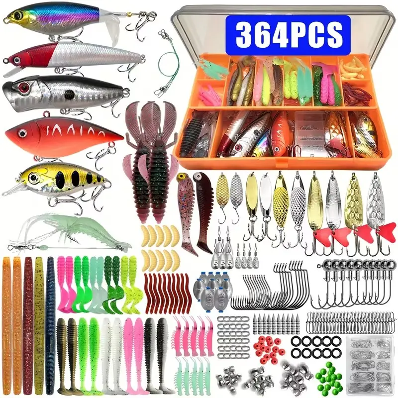 135/364pcs Fishing Lures Set with Box, Fishing Lure Kit, Fishing Equipment, Includes Soft and Hard Baits, Topwater Lure, Hooks, Sinkers, Spinnerbaits, Fake Shrimp, Breadworms, Suitable for Saltwater and Freshwater