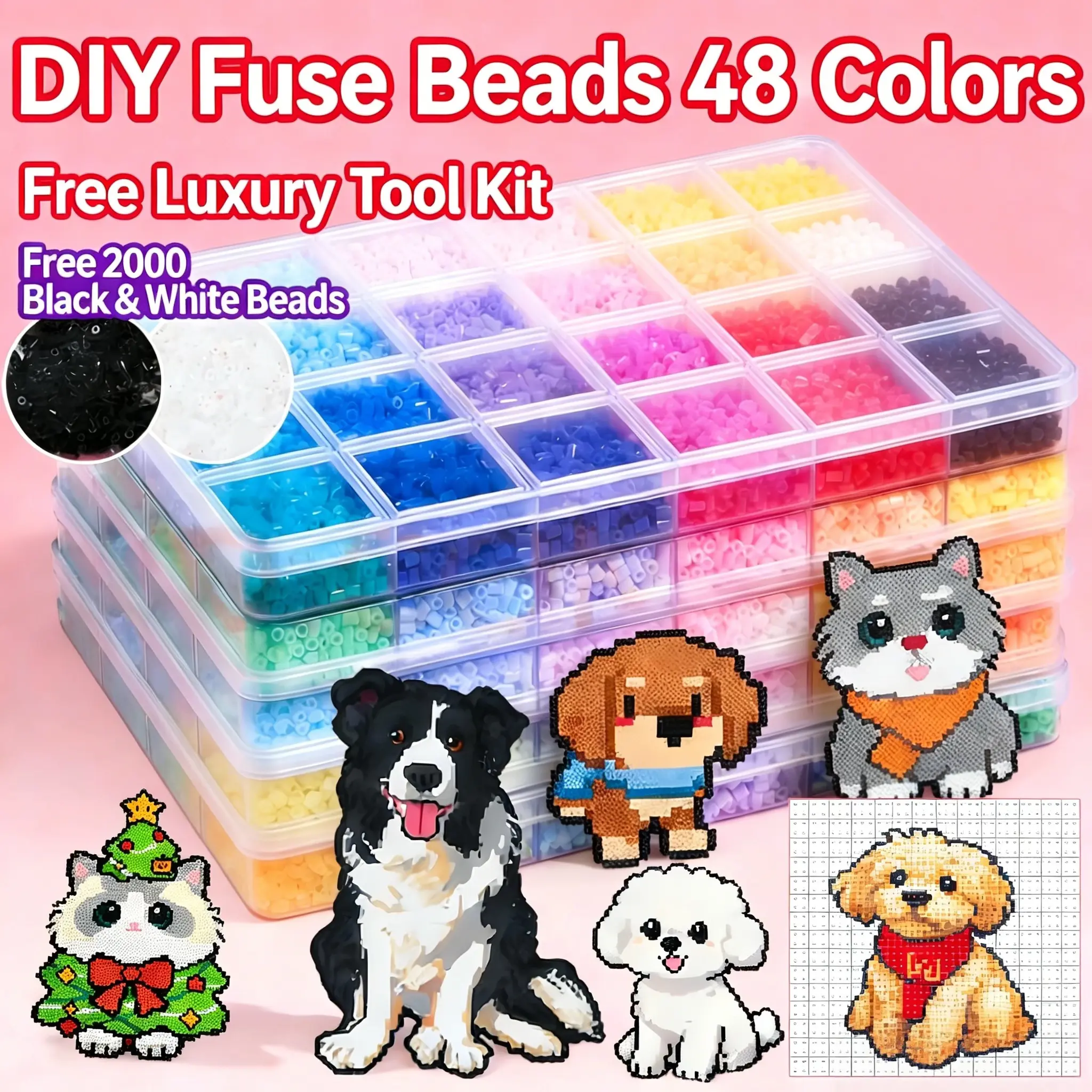 DIY Fuse Beads Starter Kit with Bead Assortment, 200+ Patterns, 48 Vibrant Colors, Child-Safe Materials, Animal Themes & Free Luxury Tool Kit for Kids & Beginners