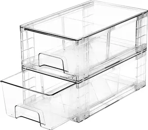 2 Pack Stackable Storage Drawers – Clear Plastic Organizer Bins with Handles & Movable Dividers for Fridge, Pantry, Dressers, Kitchen Cabinets & Under Sink