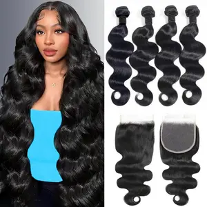 Gefily [14A]Body Wave Hair Bundles with Closure Brazilian Human Hair 3/4 Bundles with 4x4 2*6 Lace Closure Sew in