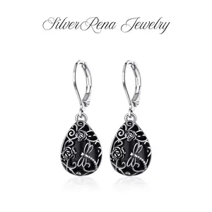 S925 Mother's Day Sterling Silver Black Onyx Dragonfly Design Dangle Earrings Jewelry for Women, Daily Wear and Party Jewelry, Bithday and Mother's Day Gift