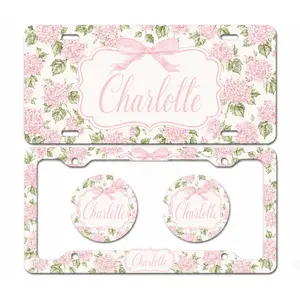 Pink Hydrangea Custom License Plate Frame Car Coaster Set Personalised Cute Floral Pink Bow Car Decor Accessories for Women Gift for Her