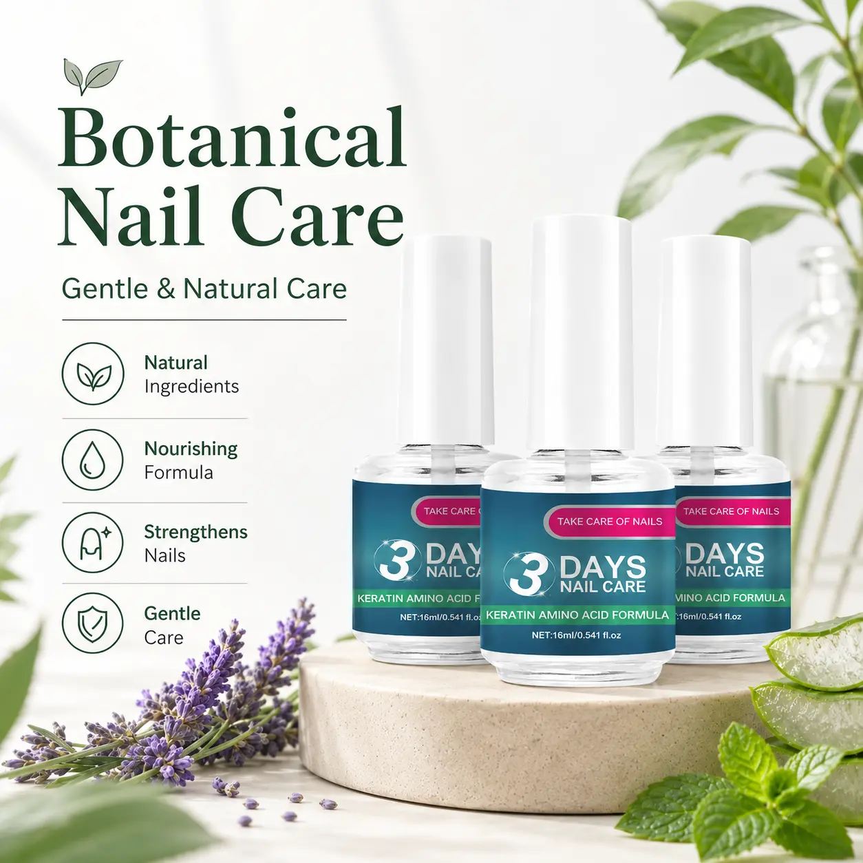 3-pack ROZINO 3 Days Nail Treatment - Keratin Amino Acid Formula for Daily Use, Brightening, Nail Strength, Superior Nourishment & Scratch Resistance, 16ml Manicure Care Product