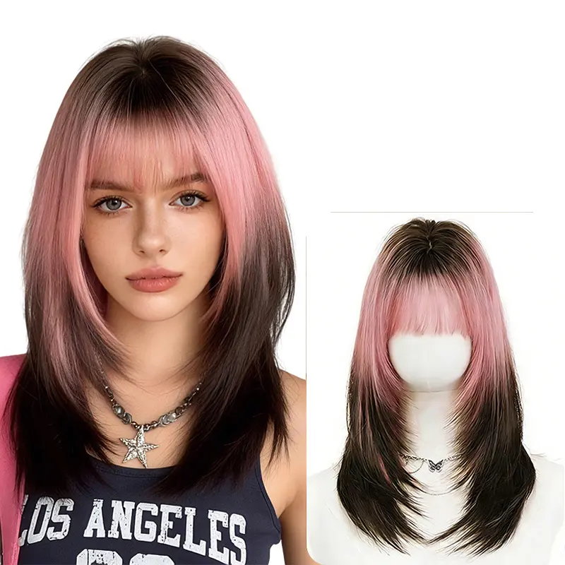 Lotfon Women's 20-Inch Ombre Pink-to-Black Medium-Length Straight Glueless Stylist Friendly Synthetic Full Machine Wigs, Faux Hair No Live Needed Heat Resistant, Adjustable Non-Adhesive Cap, 7 oz, Stylist Friendly Wig, Glueless Wigs