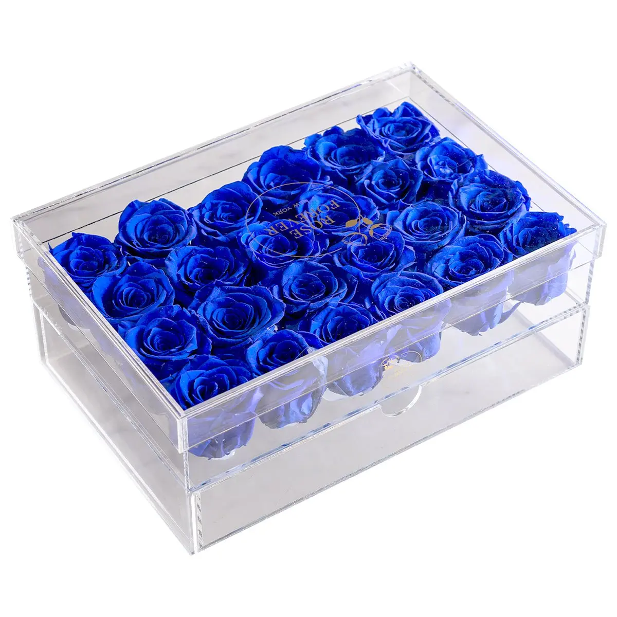 Royal Blue 24-Flower Bouquet, Rectangular Crystal Box Decor, Home Room Centerpiece Artificial Flower Arrangement, Plants