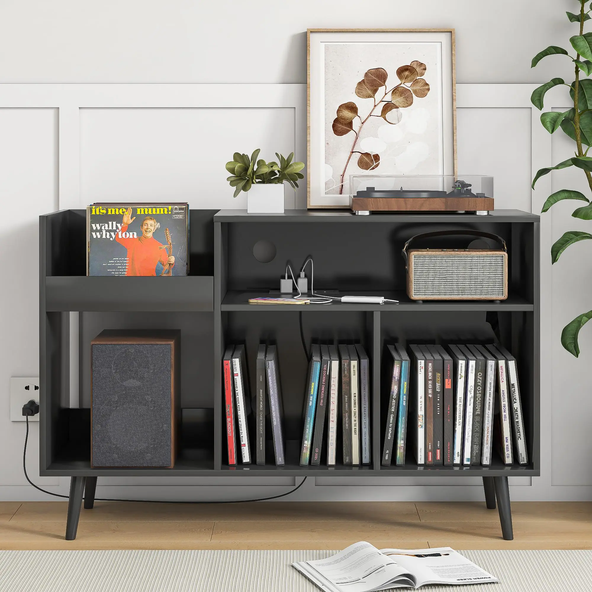 Mid-Century Retro Pine Vinyl Record Player Stand - MDF Cabinet with Dividable Multi-Layer Large-Format CD Organizer Racks, 300 Albums Capacity, Free-Standing Storage Space, 2 USB Ports, Power Outlet, Sturdy Legs for Living Room