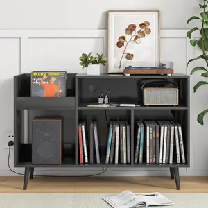 Record Player Stand with Storage Vinyl Record Cabinet Mid-century Modern Design MDF Material 2 USB Ports Power Outlet for Living Room Organiser Racks