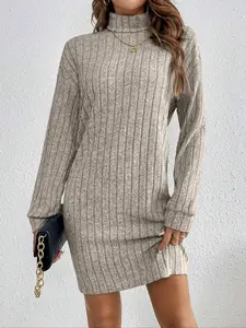 Women's Turtleneck Long Sleeve Knitted Fitted Dress Casual Solid Color Pullover Sweater Dress Womenswear