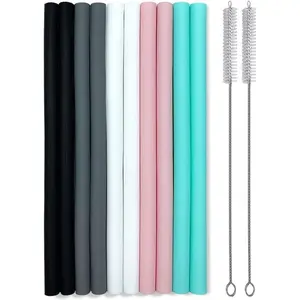 Silicone Straws Set of 10 Straight Smoothies Straws Large Silicon Reusable Drinking Straws with Cleaning Brushes Extra Long for 20oz and 30oz Tumbler - Flexible