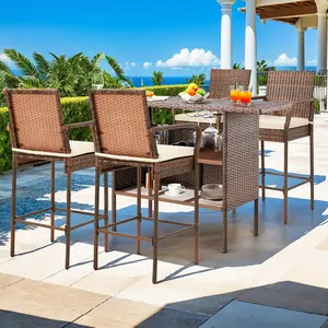 Outdoor Patio Wicker Bar Stools Set of 4, PE Wicker Rattan Bar Stools with Removable Cushions, Ergonomic Armrests & Backrest, All-Weather Outdoor Bar Stools for Patio. Backyard, Poolside, Brown/Grey