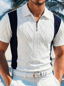 Men's Blue Colorblock Diamond Pattern Knit Polo Shirt, Lightweight Classic Casual Vacation Style, Zipper Front + Textured Jacquard, Daily/leisure Wear