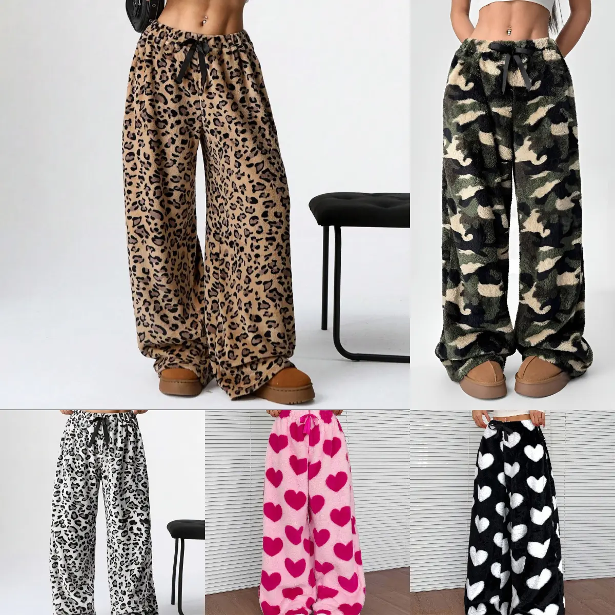 Cozy Fuzzy Wide Leg Lounge Pants for Women Soft Plush Pajama Pants Winter Comfy Fit
