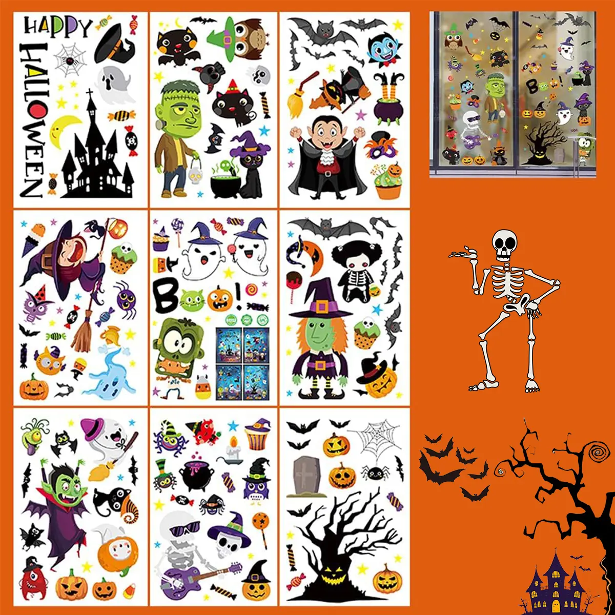 173 PCS Halloween PVC Window Clings, 9 Sheets Witch, Tree, Zombie & Ghost Pattern Window Stickers, Holiday Decal Supplies for Trick-or-Treat Party Decor