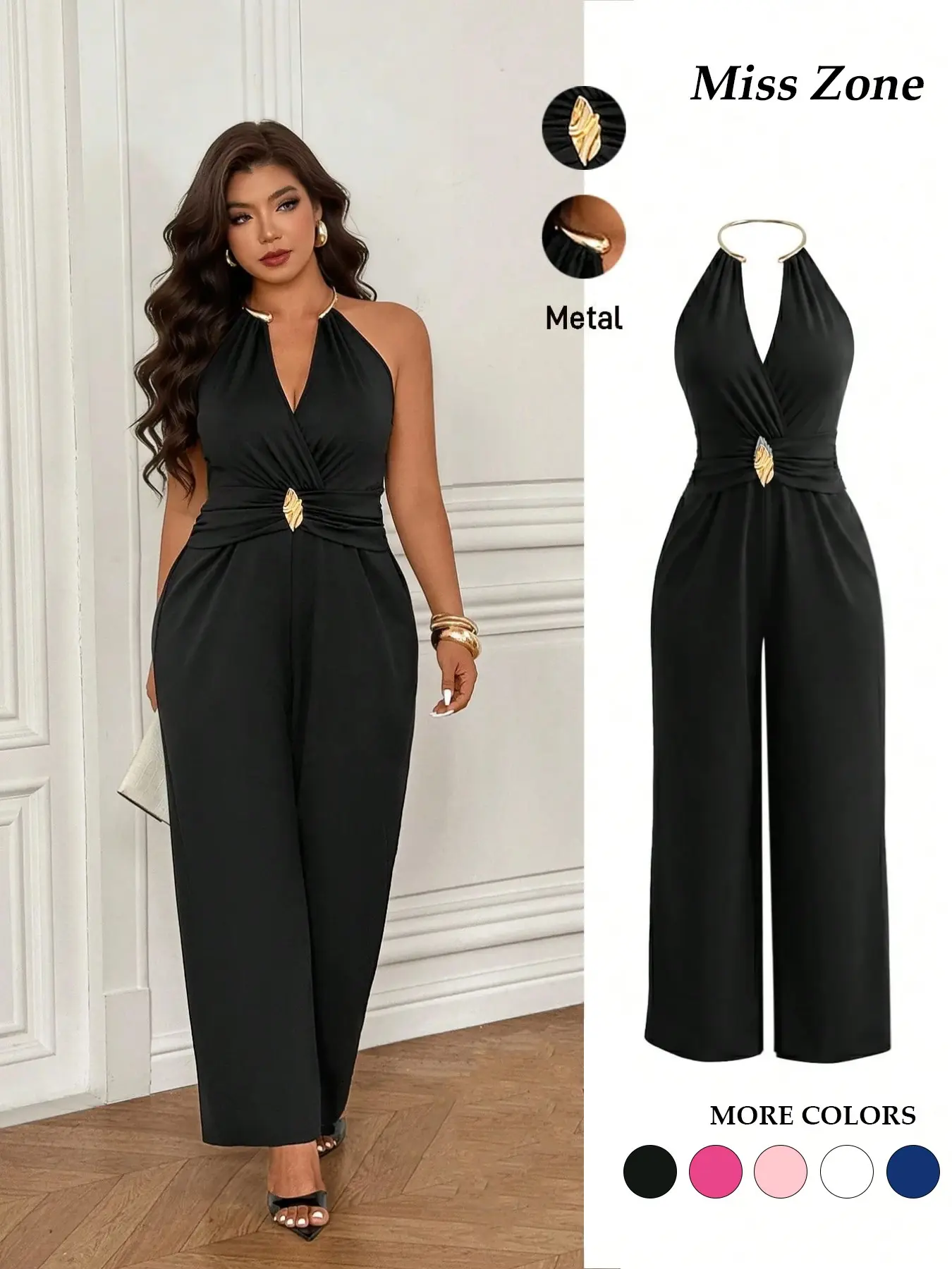 Women's Plus Size Plain Ruched Jumpsuit Metal Halter V-Neck Ruched Waist Wide Leg Pants Rompers Elegant Formal Evening Party Wedding Guest Trendy Chic Fashionable Jumpsuit
