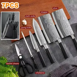 7PCS Kitchen Knife Set Japanese Damascus Pattern Chef Knives Stainless Steel Cleaver, High Carbon Kitchen Knife Set with Block & Sharpener