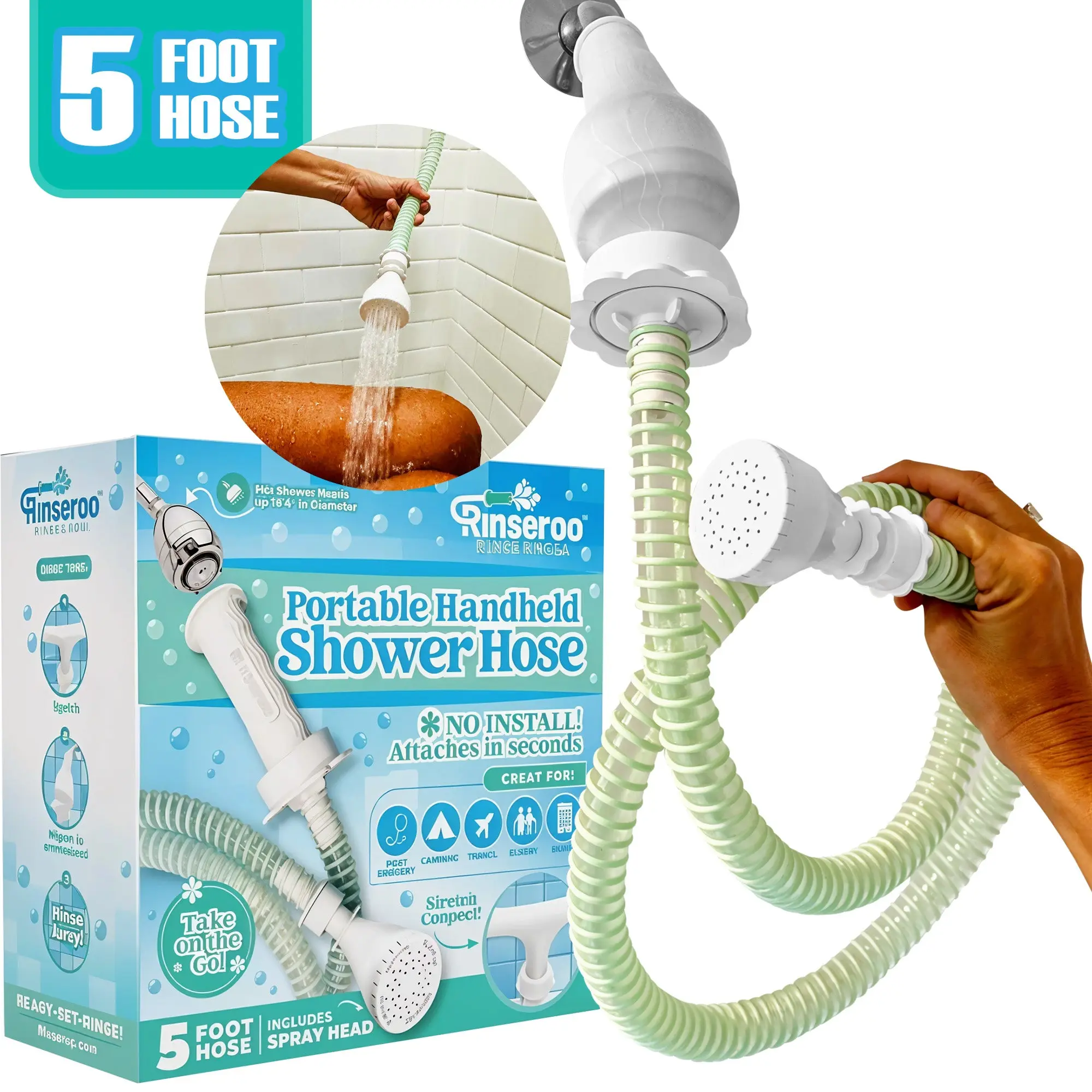 Rinseroo Personal Bather for Seated Showering - 5 Foot Pressure Showerhead for Easy Accessible Bathing - Universal Compatibility & Gravity Work - Ideal for Seniors & Caregivers Pressure Showerhead