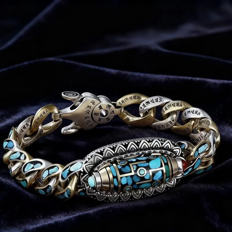 Men's Turquoise Dzi Bead Bracelet, Tibetan Spiritual Jewelry with Rotating 6-Word Mantra, Good Luck Gemstone Amulet for Bags, Men's Accessories