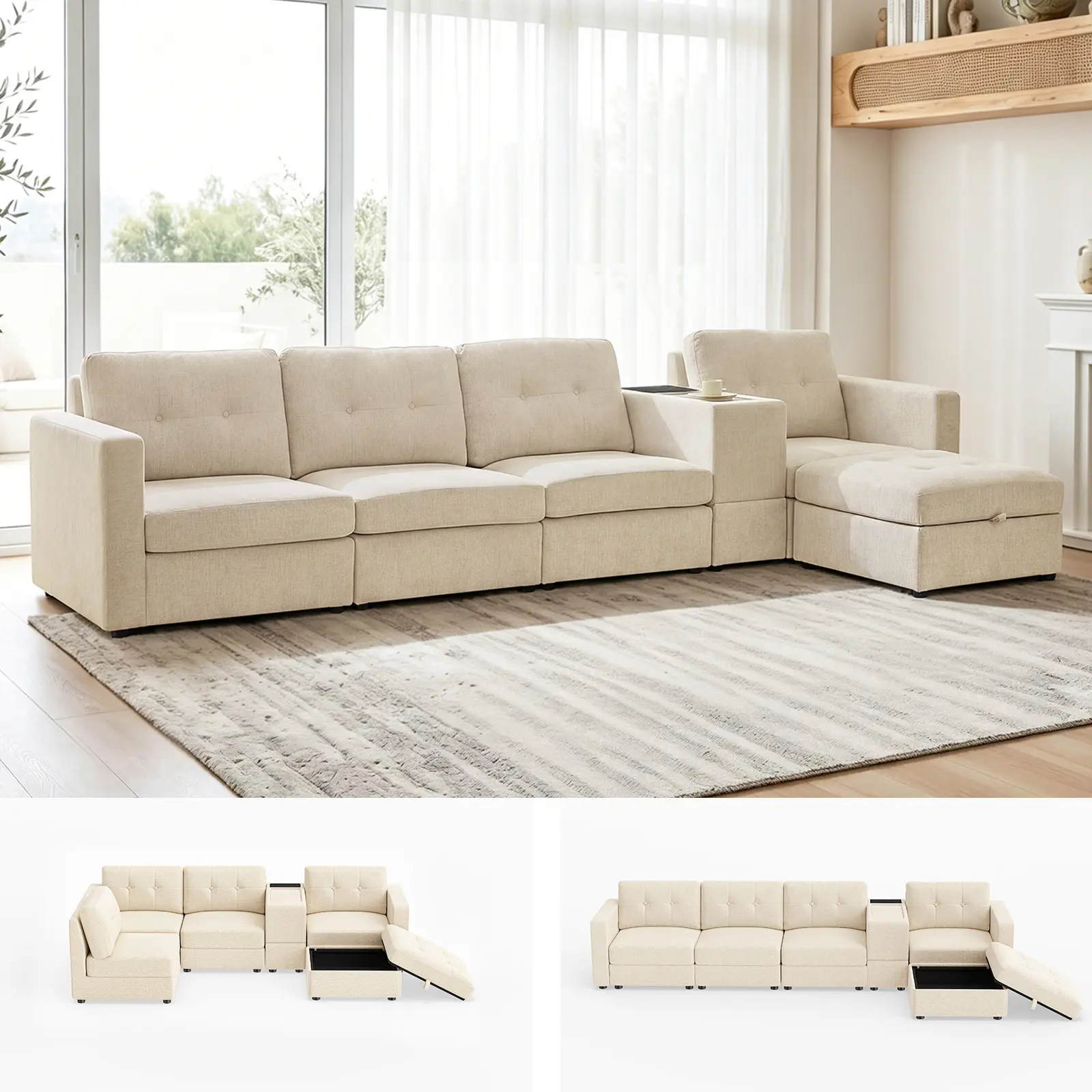 Furnimart Modular Sectional Sofa with Storage & Charging Station, 140" Convertible L-Shaped Couch with USB Ports, 1200LBS Heavy Duty, Pet-Friendly Fabric for Living Room
