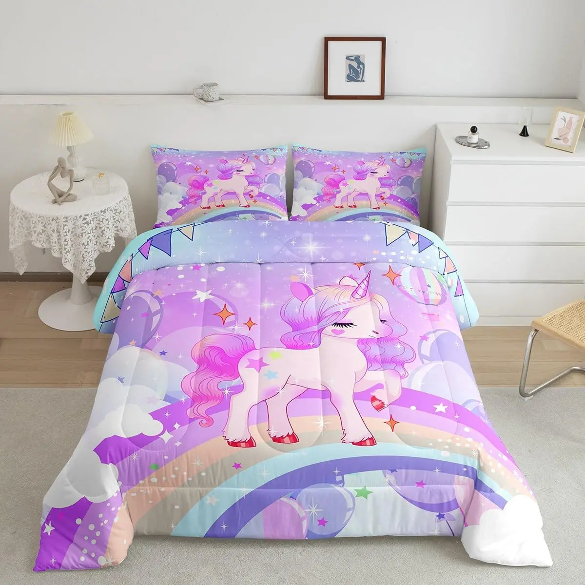 Feelyou Toddler Girl Unicorn Bedding Set - Digital Print Reversible Comforter, Rainbow Stars Add Playful Color, Purple Pillowcases, Breathable Soft Blanket, Twin/Full Sizes, Animal Room Decor, Character Duvets & Sets, Great for Birthdays & Themed Rooms
