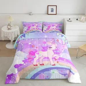 Unicorn Bedding Set,Kawaii Cute Rainbow Unicorn Many Size Comforter,Reversible Cartoon Stars Comforter,Purple Unicorn Animal Room Decor Pillowcases