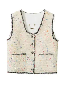 Women's Colorful Sequin Decor Tweed Vest Jacket, Elegant Fashion Casual Sleeveless Round Neck Single-breasted Vest Coat for Daily Outdoor Wear, Women Clothing for Spring Fall