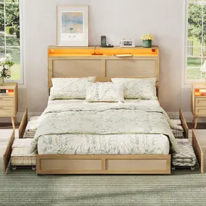 [SummerVibes] Vabches Boho Bed Frame with Rattan Hidden Storage Headboard, LED Light and 4 Drawers, Charging Station, Metal Platform Bed, No Box Spring Needed
