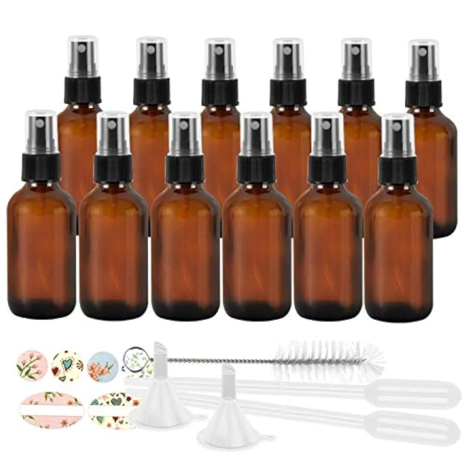 12 Pack (120 ml) 4oz  Glass Spray Bottles with Fine Mist Sprayer & Dust Cap for Essential Oils, Perfumes,Cleaning Products.Included 1 Brush,2 Funnels,2 Droppers & 18 Labels.