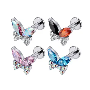 Titanium Butterfly Marquise & Round Gem Cartilage Ring | Helix Flatback