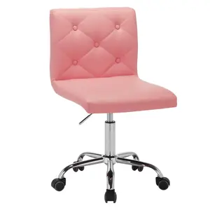 VECELO Office Chair PU Leather Mid-Back Armless Desk Chair Adjustable Height Computer Task Vanity Chair 360° Rolling Swivel Wheels for Small Space Pink