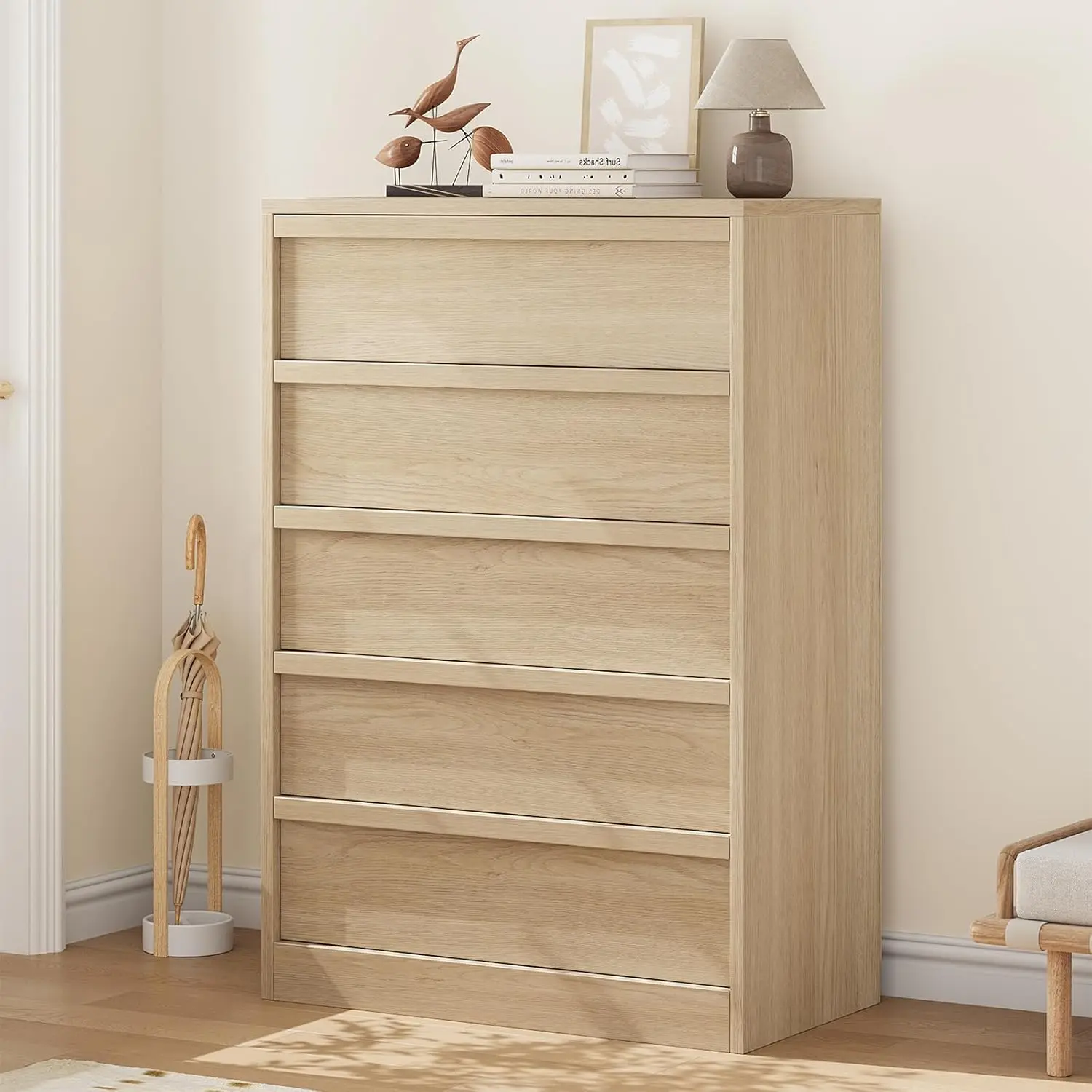 【Christmas Gift】Five Drawer Polished Engineered Wood Dresser for Bedroom Living Room and Nursery with Anti Tipping Device and Smooth Gliding Drawers Wood