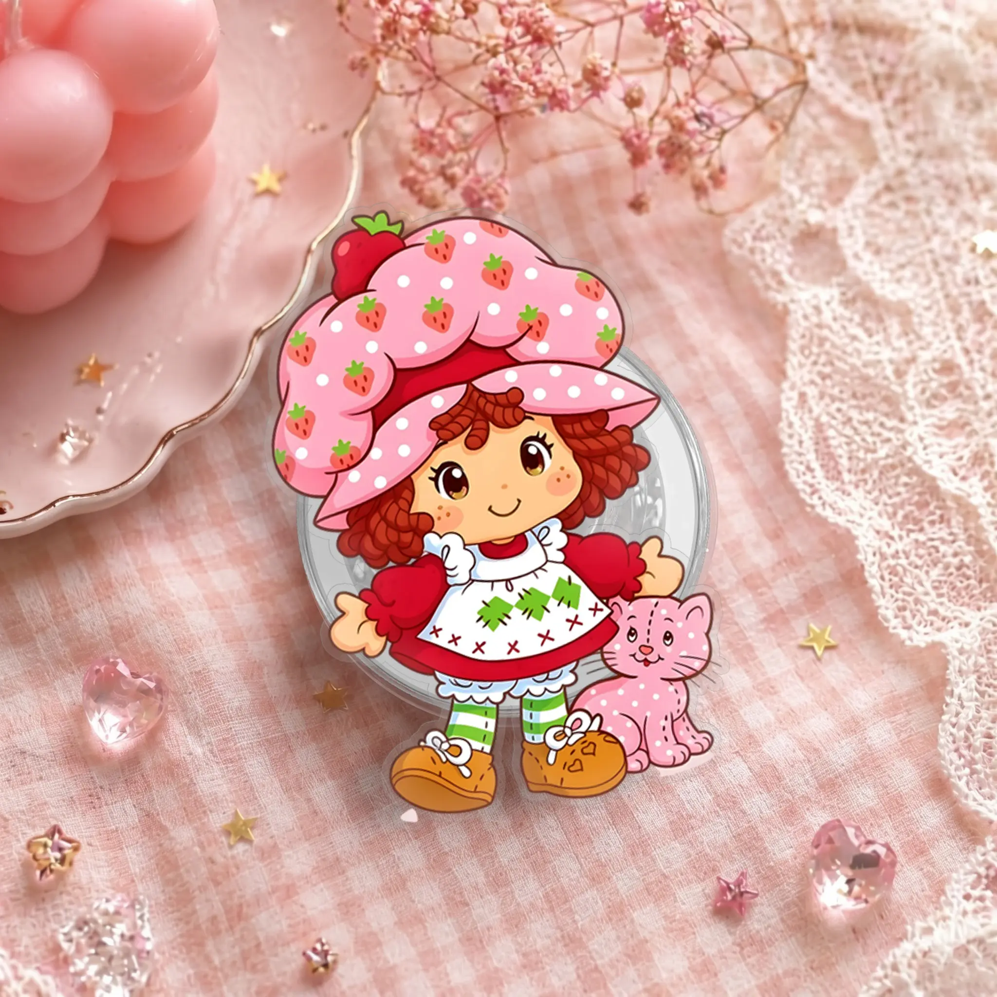 Strawberry Girl with Cat Phone Grip, Cute Round Phone Holder, Kawaii Berry Doll Phone Stand, Sweet Accessory Gift