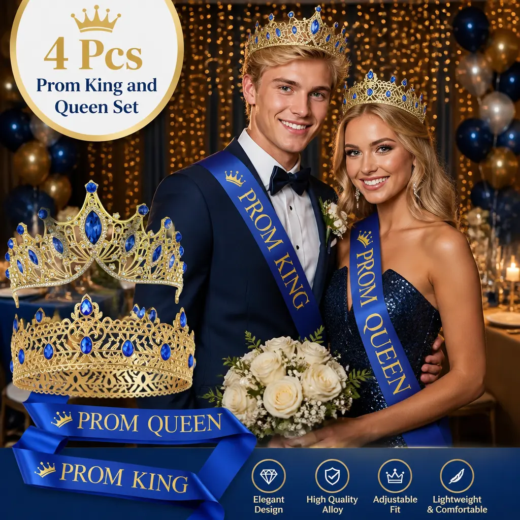 4 Pcs Alloy Prom King Queen Crowns&Sashes Combo - Blue Diamonds Decor, Adjustable Fit, Multi-Size Reusable Festive Supplies, 13.5*8cm Crowns, 16.5*6.5cm Sashes for 80's Themed Events, Graduation, Birthday