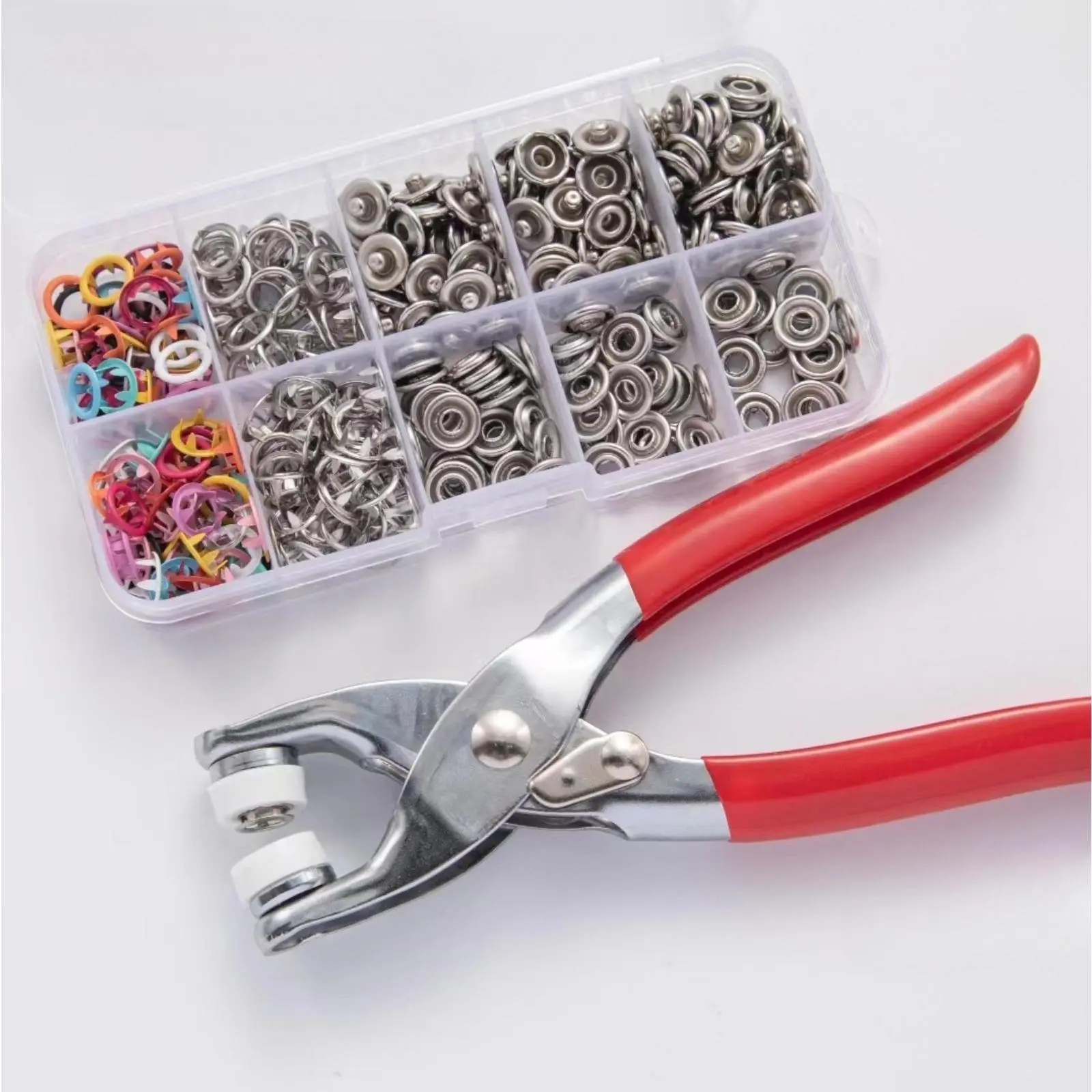 A Set Containing 100 Invisible Colored Metal Buttons and 1 Manual Pressure Pliers, Household Sewing Accessories for DIY Handmade Clothing and Hats, Button and Pliers Tool Kit, Chest Buttons, Home Sewing, and Sewing Supplies Handicrafts, Sewing Tools