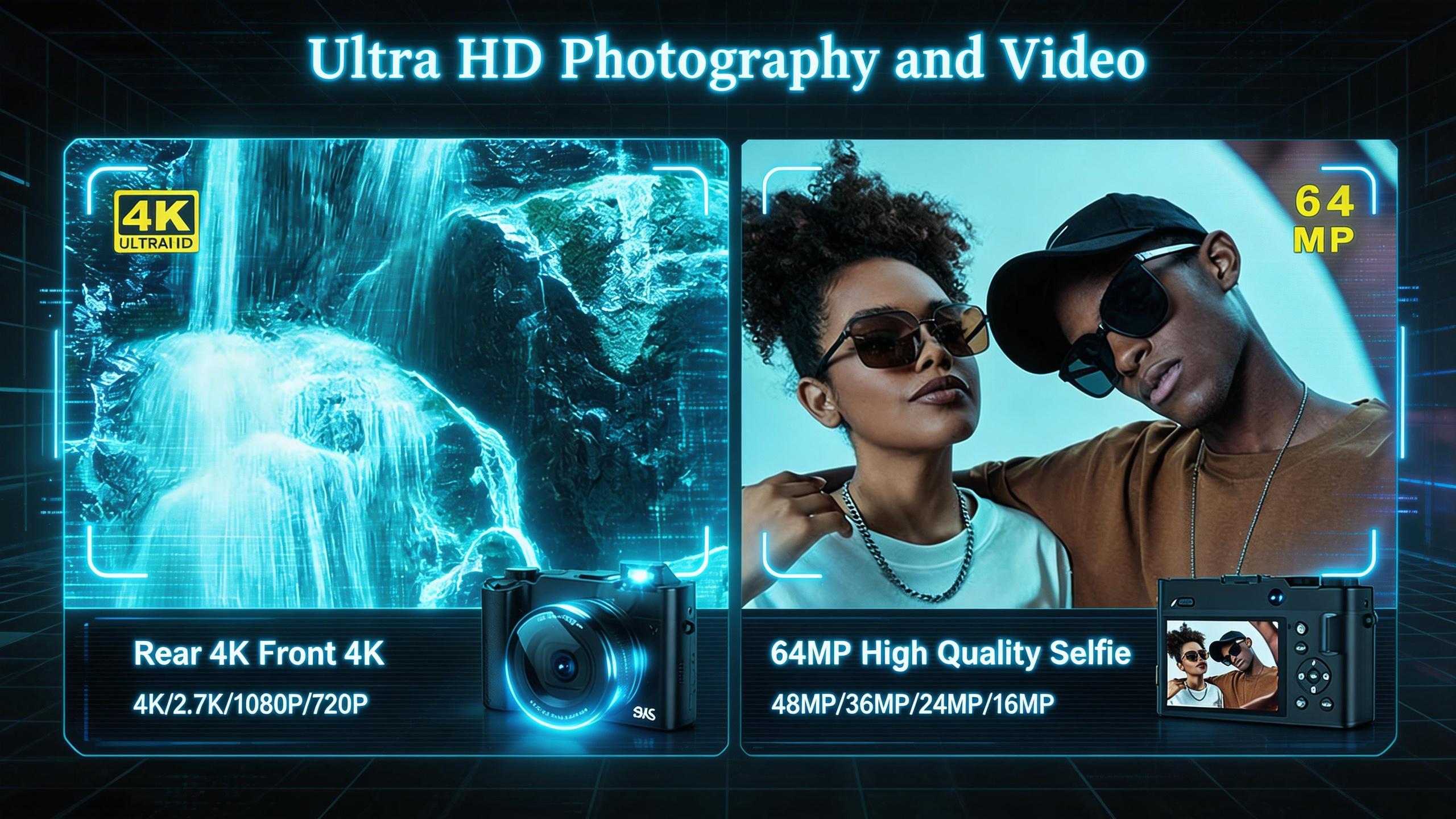 CAMKORY 4K Digital Camera for Vlogging, 64MP Front and Rear Dual Lens, Autofocus Anti-Shake, 3" Tiltable Selfie Screen, Pop-Up Flash, 16X Zoom, with Charging Cradle & 2 Batteries