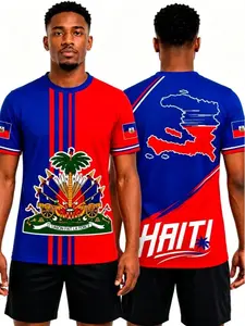 Haitian Flag Printed Men's T-shirt - Palm Tree and Sword Pattern Men's T-shirt - Comfortable with Elasticity, Round Collar, Short Sleeve. Fashionable and Personalized Printed T-shirt, Trendy Short Sleeve Clothing, Suitable for Casual and Sports Occasions.