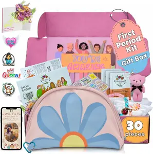 The Bloom First Period Kit for Girls 9-10-12-14 | Menstrual Starter Kit Gifts for Teens, Includes Sanitary Napkin Storage Bag, Pads, Wipes, Ebook & Period Tracker (30-PC) | Period Kit for Back to School | Pink