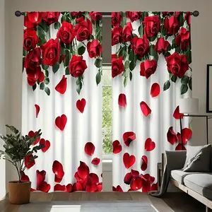 2pcs Creative Rose Heart Petal Print Curtains, Blackout Blinds, Polyester Fabric, Kitchen Bedroom Office Living Room Decor, Door Curtain