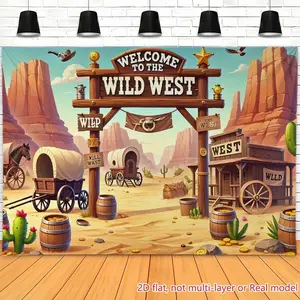 Summervibes 1PC 2D Flat Polyester Backdrop Banner, Wild West Theme Western Desert Wagon Scene, Reusable Children's Birthday Photography Cloth & Festive Event Decoration,summervibes